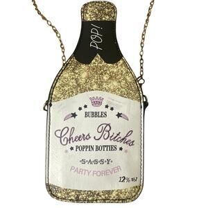 Novelty handbag, Champaign bottle w/gold tone chain with Bubble “ Cheers Bi____”